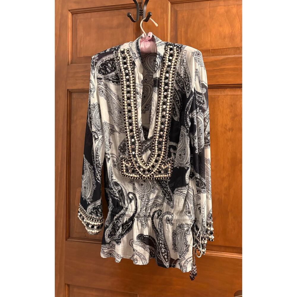 Monique Leshman Beaded Paisley Tunic Blouse Black White Size L